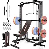 OPPSDECOR All-in-One Smith Machine for Home Gym, 1400LBS Multi-Functional Power Cage Squat Rack with LAT Pulldown System, Cable Machine &amp; Barbell Bar - Strength Training Equipment with Attachments