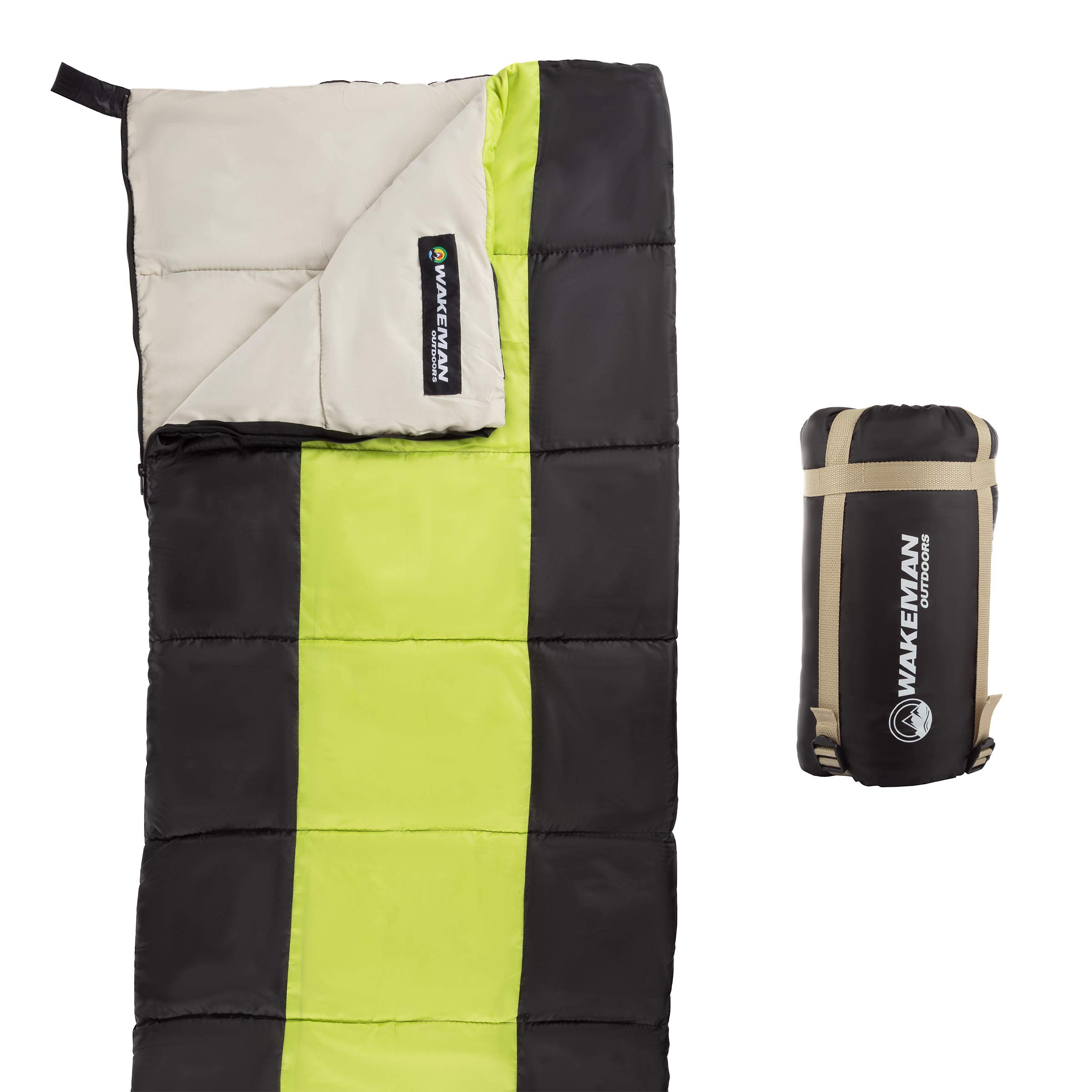 Photo 1 of Kids Sleeping Bag - Lightweight, Carrying Bag with Compression Straps for Camping, Backpacking, and Sleepovers by Wakeman Outdoors (Neon Green/Black)