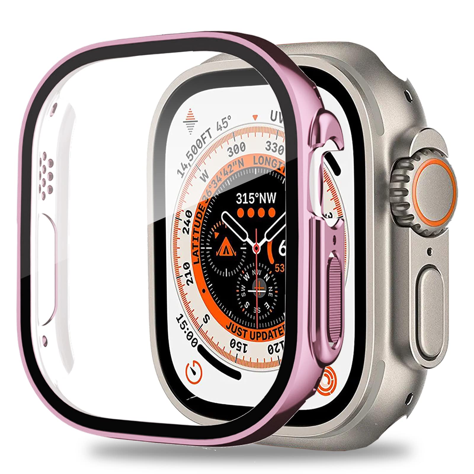 Miimall Compatible with Apple Watch Ultra 49mm Case Tempered Glass Screen Protector, Ultra-Thin Hard PC Shockproof All-Around Bumper Shell Protective Cover for iWatch Ultra 49mm(Pink)