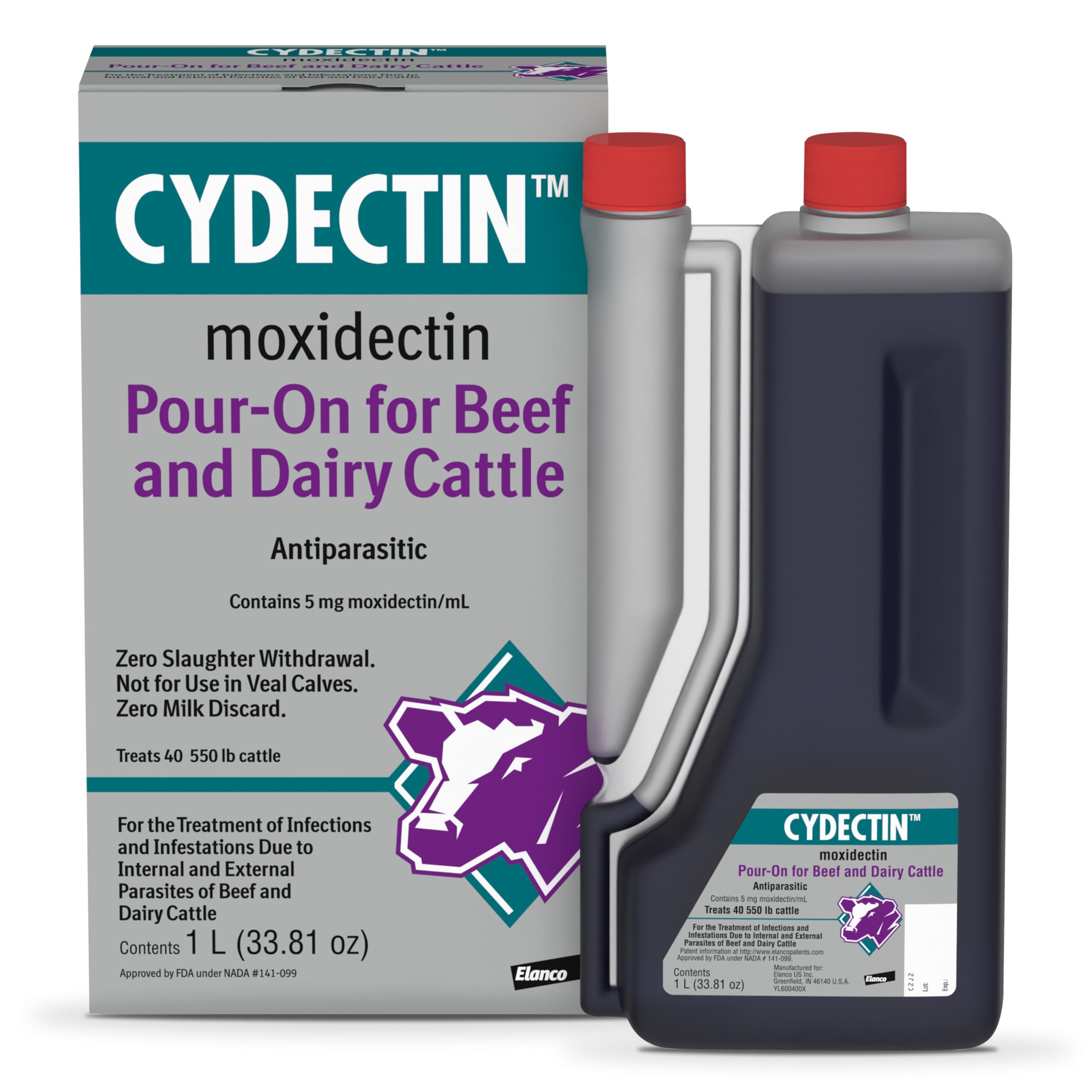 Photo 1 of Elanco Cydectin Pour-On Cattle Parasiticide | Treats Worms, Flies, Lice, Grubs, and Mites | 1L Dewormer