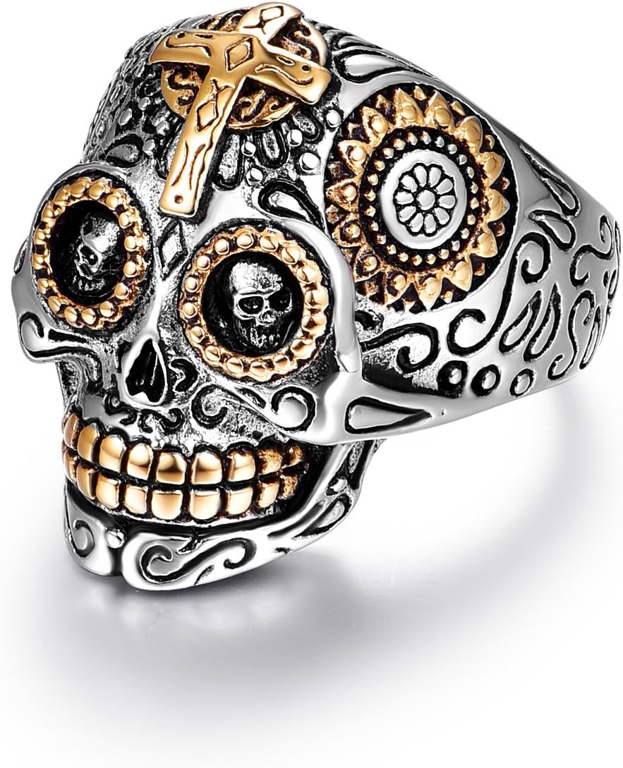 LAOYOU Sugar Skull Rings for Men Women, Stainless Steel Day of The Dead Gothic Cross Mens Jewelry, Biker Cool Ring