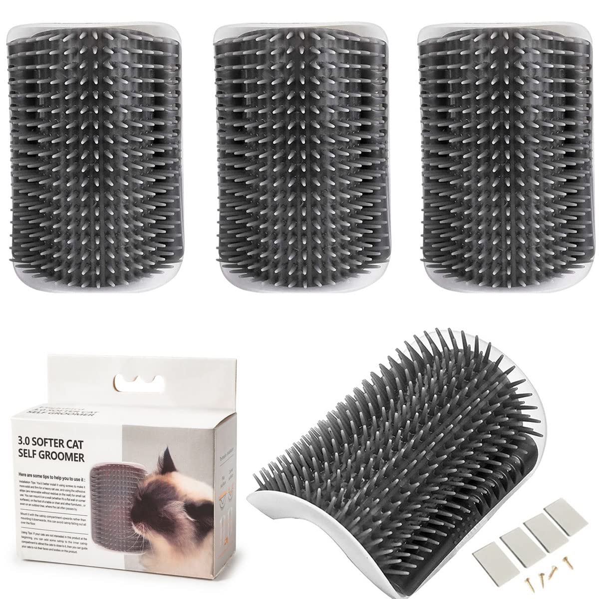 Cat Self Massage Tool, 4 Pieces Wall Corner Massage Comb, Cat Brush Self Massage, Cat Wall Corner Massage Comb, with Catnip, Installation Screws and Double Sided Tape, for Cat Long, Short Fur (Grey)