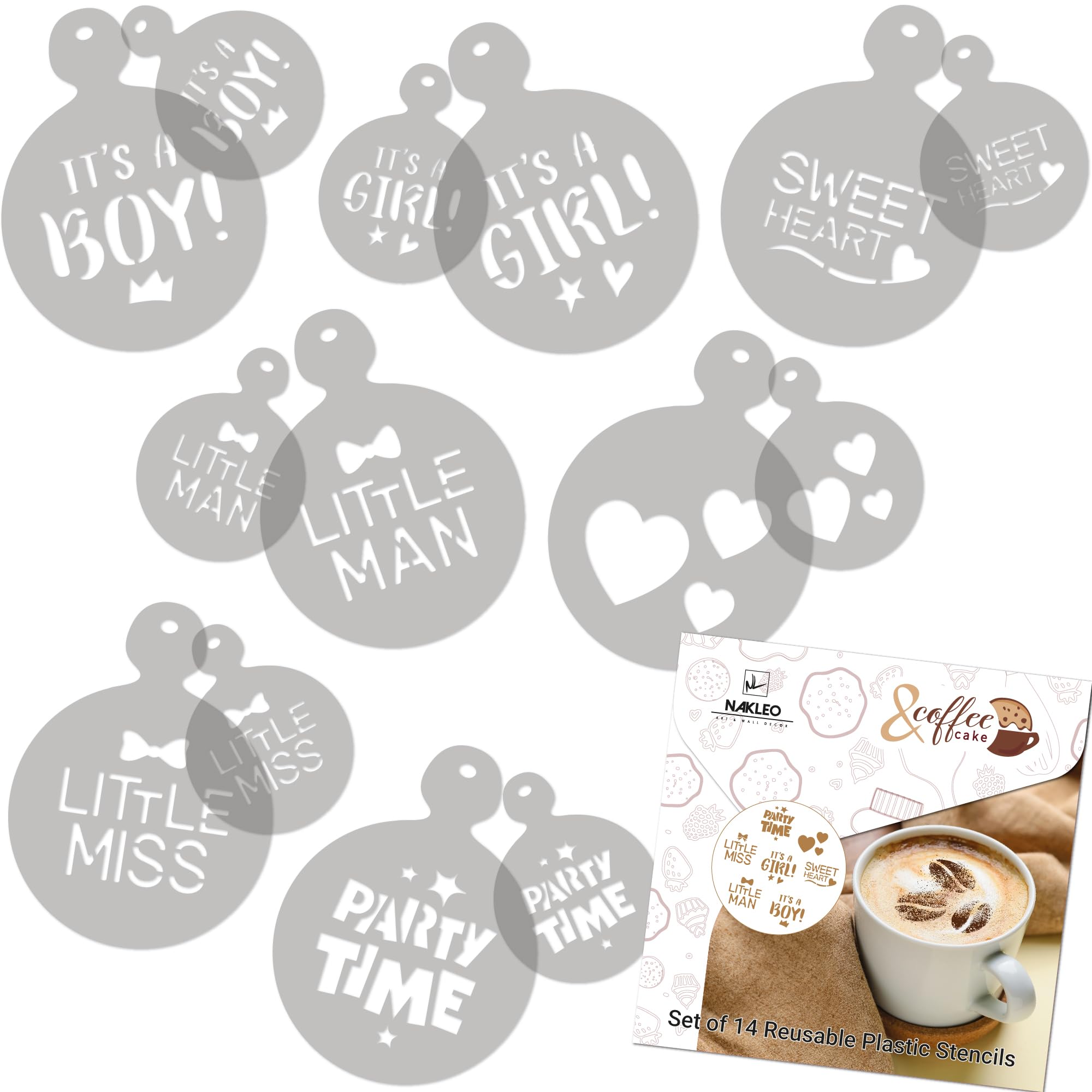NAKLEO Coffee Stencils and Cookies Decoration 14Pcs 7x7 and 11x11cm, Reusable Plastic Baking Templates, Baby Shower Newborn, Barista DIY Art Craft, Capuccino Latte Chocolate Cake Biscuit Kitchen