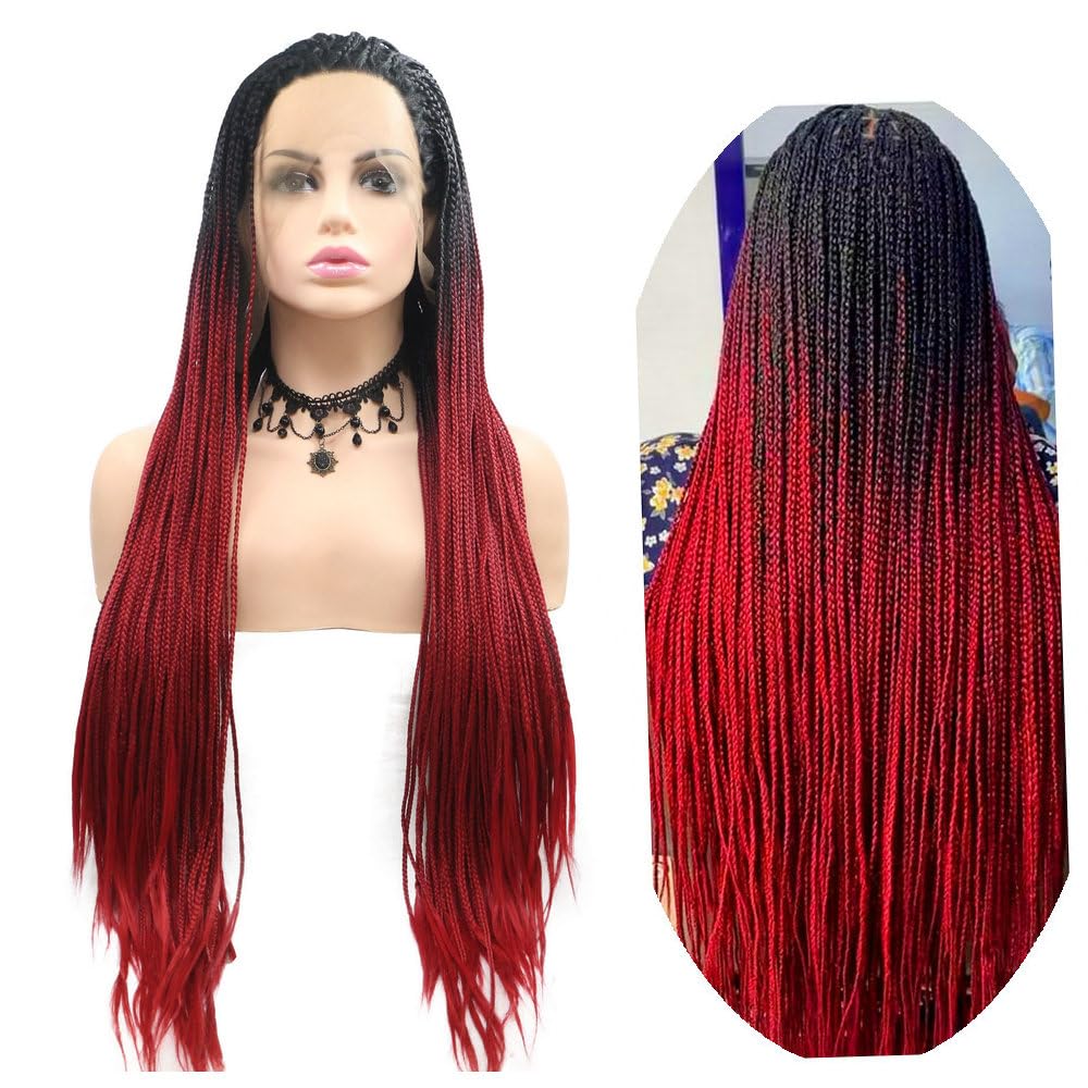 Drag Queen Afro American Box Braided Wigs Black Roots Ombre Mermaid Red Synthetic Lace Front Wigs for Women Ladies Cosplay Party Long Braids Wig 1B Red