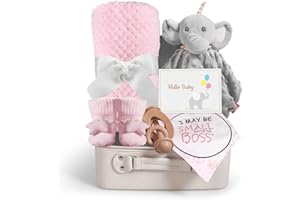 IAOVUEBY Baby Shower Gifts, Baby Girl Gifts Set Newborn Blanket Elephant Lovey Baby Security Blanket Wooden Rattle Toy, Funny Bibs Socks & Greeting Card, New Girls Baby Gift Basket Essentials