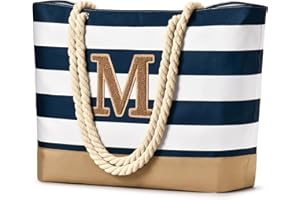 Becokan Initial Beach Bags for Women Waterproof Beach Tote Bag Zipper Travel Essentials Personalized Birthday Gifts for Her