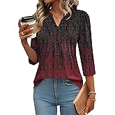 IECCP 3/4 Length Sleeve Womens Tops Dressy Casual Henley V-Neck Summer Tops Pleated T-Shirts Loose Fit Work Blouses