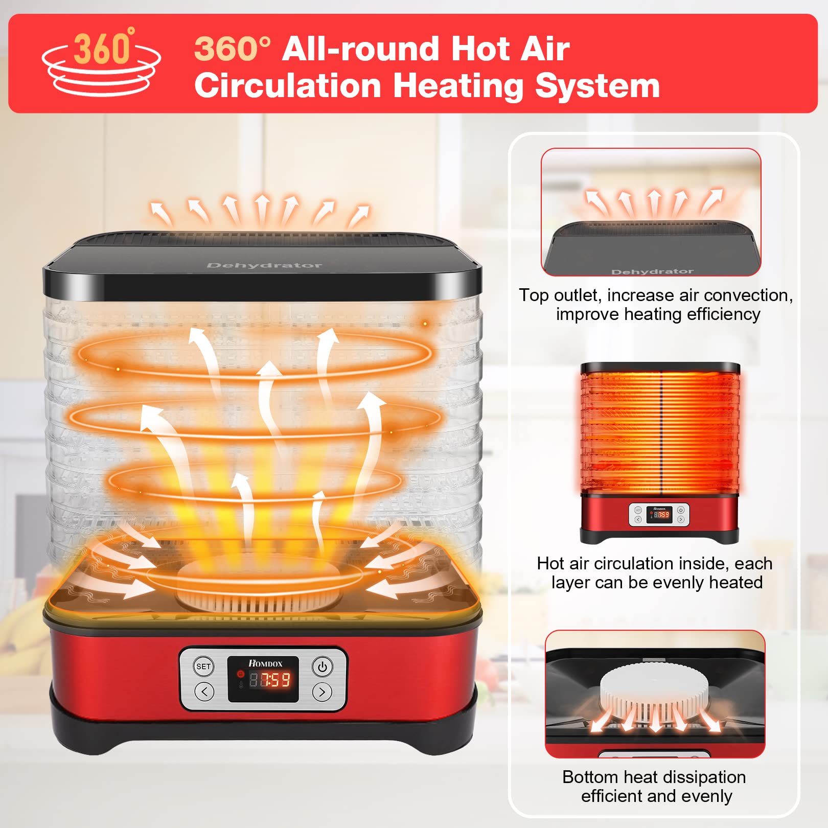 Homdox 400W Food Dehydrator Machine - Electric Dehydrator for Jerky, Meat, Fruits, Herbs & Dog Treats | 8 BPA-Free Trays, Adjustable Temp (95°F-158°F) & 72H Timer | Includes Fruit Roll Sheet (Red)