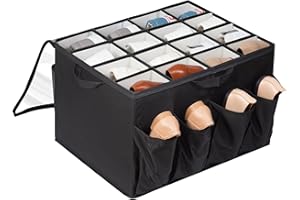 STORAGEIDEAS Shoe Organizer for Closet, Shoe Storage Solution with Clear Cover & Adjustable Dividers, Fabric Shoe Box Fits 16 +8 Pairs Shoes, Black, 1-Pack