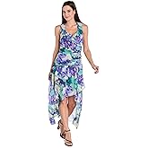 R&M Richards Women's Floral Chiffon Hi-Low Faux Wrap Dress W/Ruffle Straps & Back Zipper
