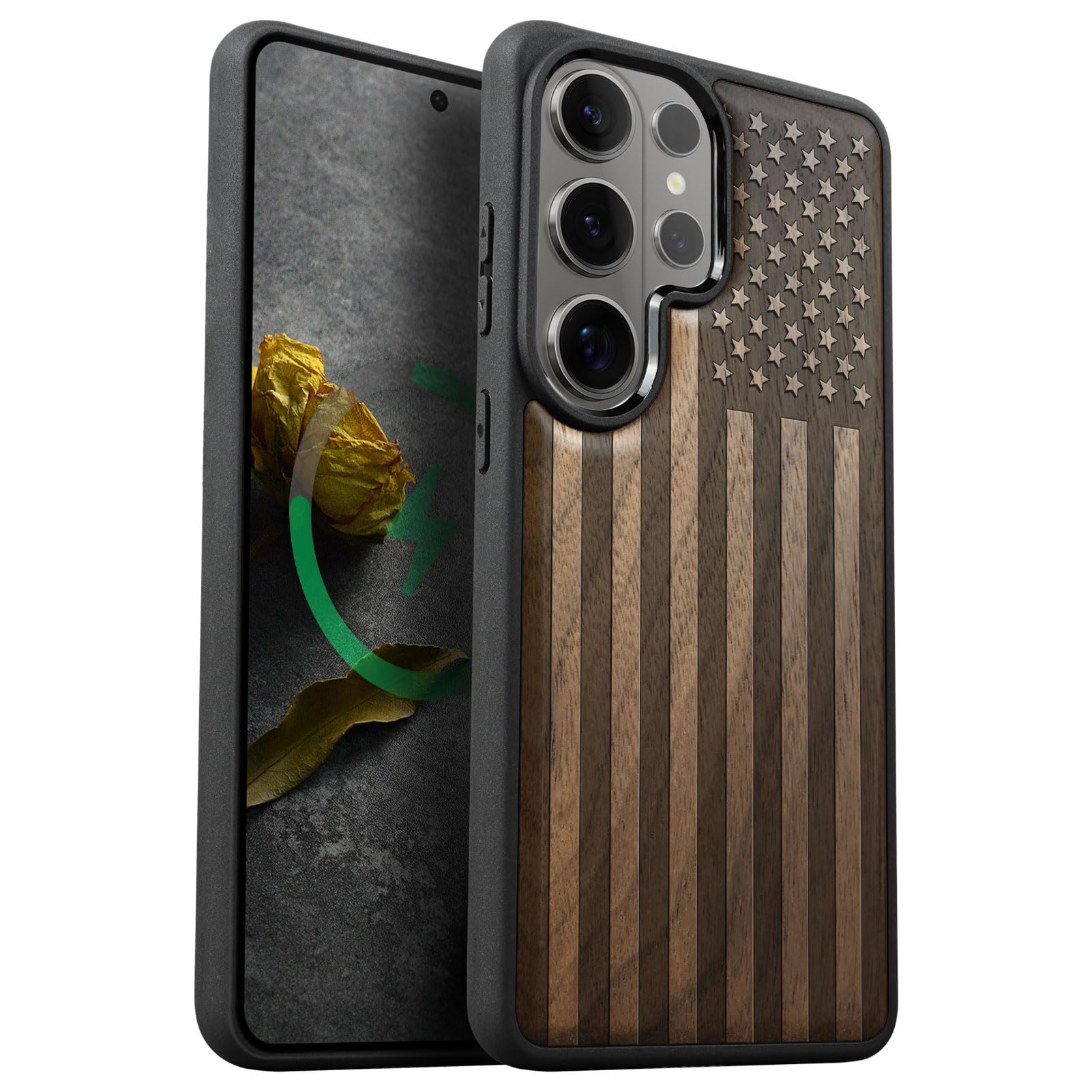 Carveit Magnetic Wooden Case for Samsung Galaxy S26 Ultra Case 2026, TPU Shockproof Cover & Wood Artisan Engraved, Compatible with MagSafe Wireless Chargers (The Classic American Flag) Walnut