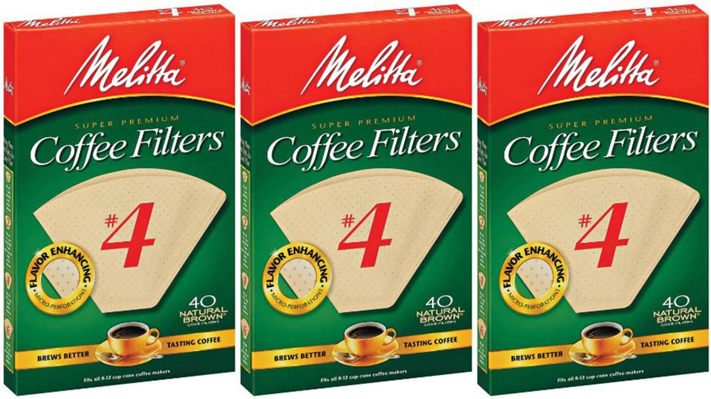Melitta Cone Coffee Filters, Natural Brown, No. 4, 40-Count Filters (Pack of 3)