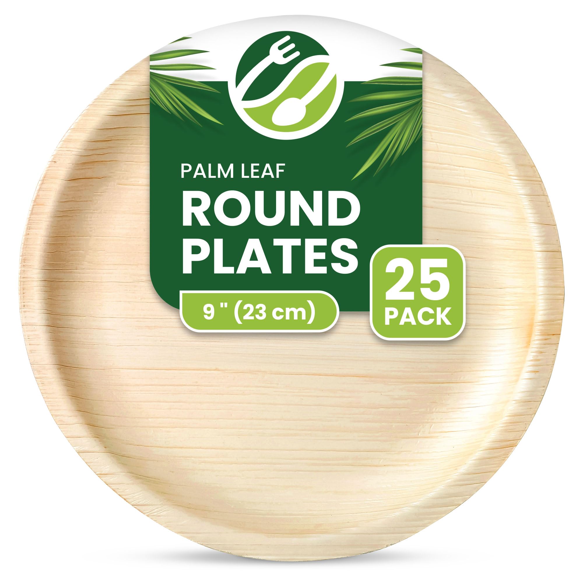 ECO Leaf 25 Disposable Palm Leaf Plates | 9”(23cm) Round Compostable Dinner Plates | Eco-Friendly, Biodegradable Heavy-Duty Plate for Wedding, Party & Picnic |Microwave & Oven Safe