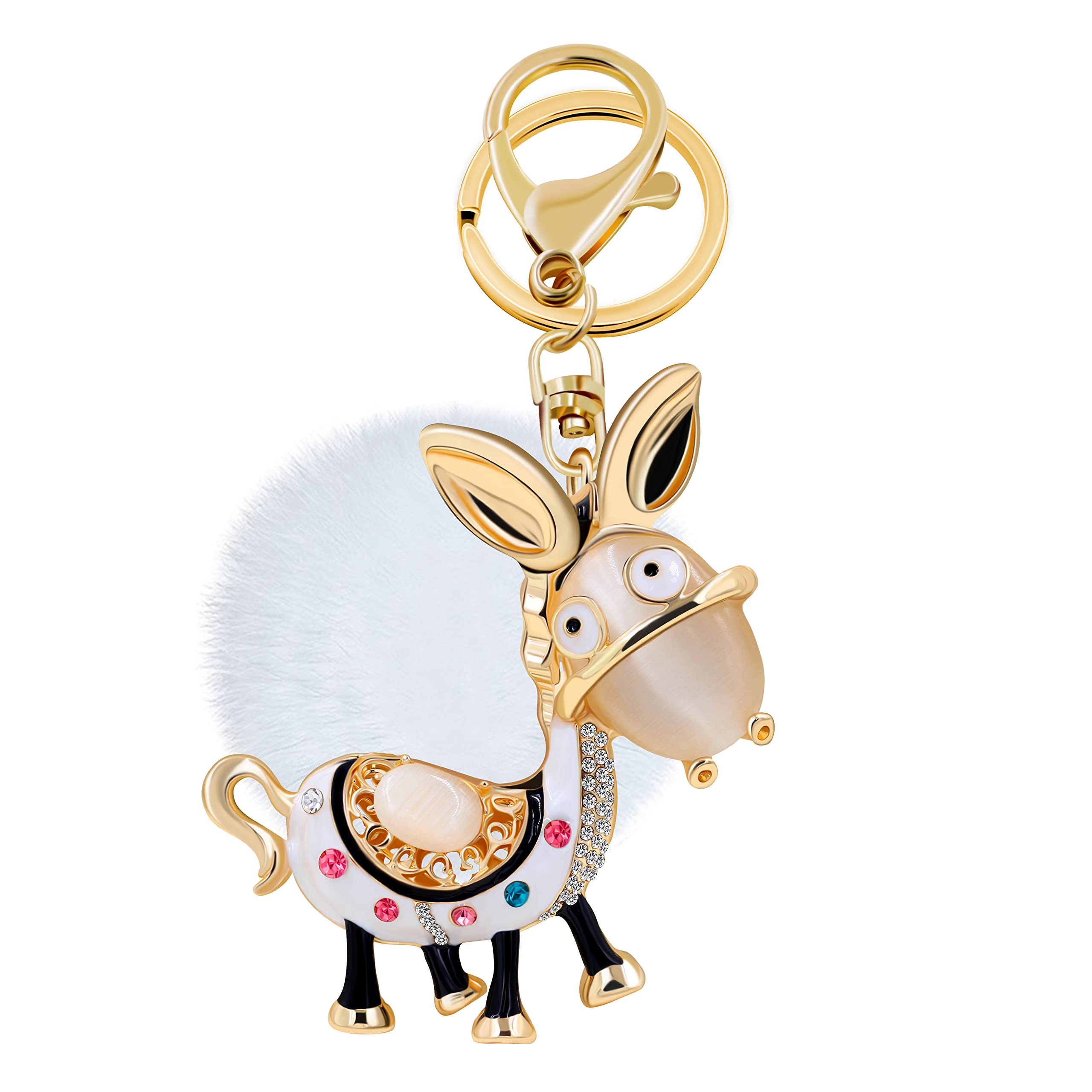 Uloveido White Fur Ball Charms Gold Color Donkey Key Fob Keychains for Women Girls Y1337