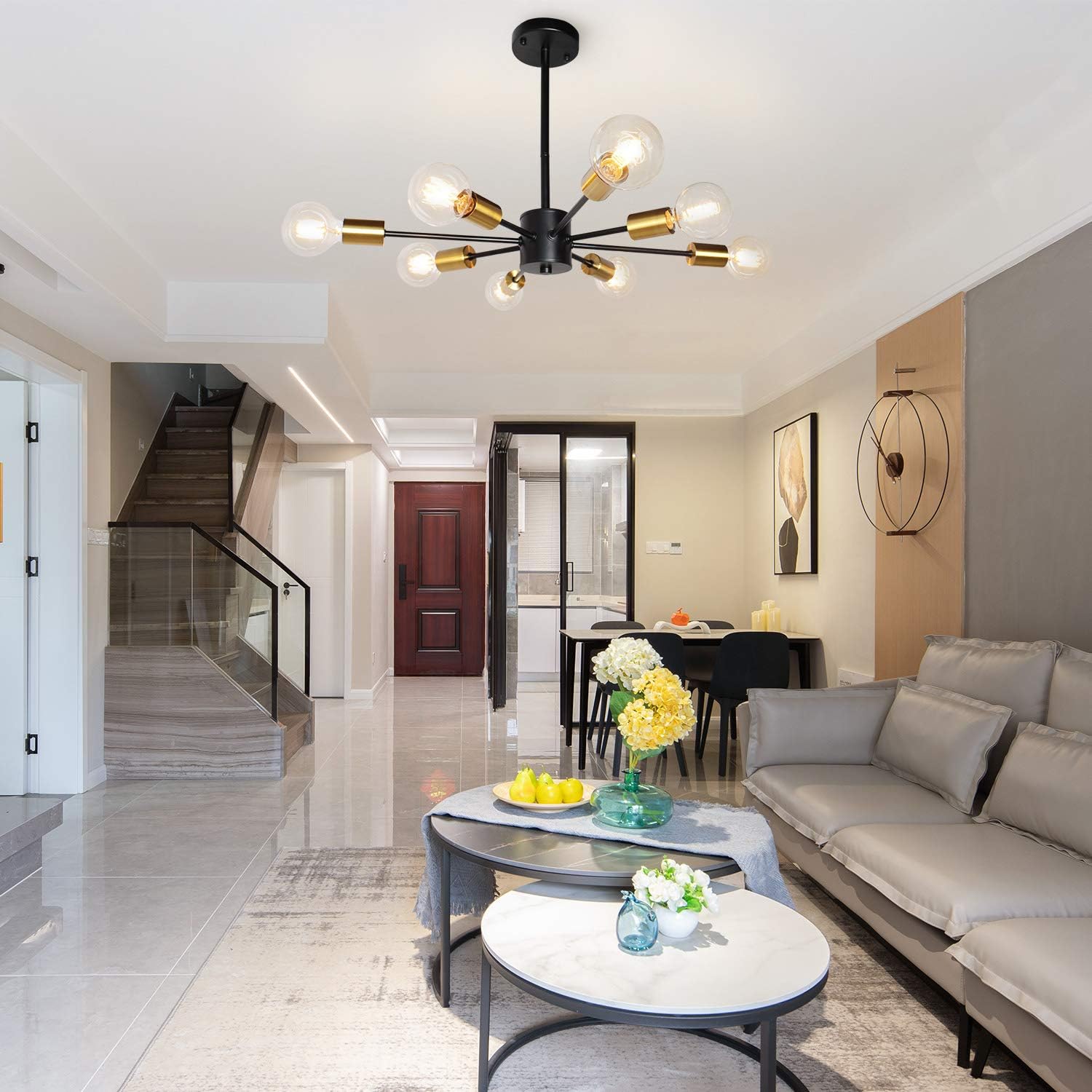 JHLBYL Sputnik Chandeliers 8 Lights Modern Pendant Lighting Black Vintage Semi Flush Ceiling Light Fixture for Kitchen Dining Room Living Room, Golden Lamp Holder: Home Improvement