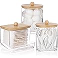 Tbestmax Qtips Dispenser Bathroom Container, 10/12 oz Cotton Ball Holder, Apothecary Jar Organizer for Storage Cotton Swab, Cotton Round Pads, Floss Picks (Beige Bamboo Lids)