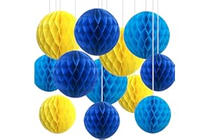 CC wonderland zone 12pcs Blue and Yellow Paper Honeycomb Balls,6" & 10" Hanging Tissue Pom poms for Birthday Party Decoration