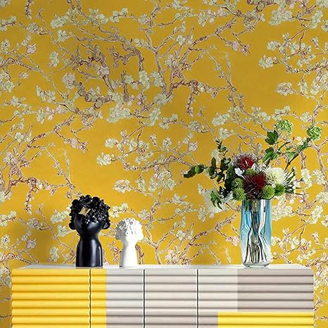 Amazon 壁紙 牧歌的なアプリコットの花 ブルー 油絵 壁紙 中国スタイル 寝室 400cm W X300cm H 壁紙
