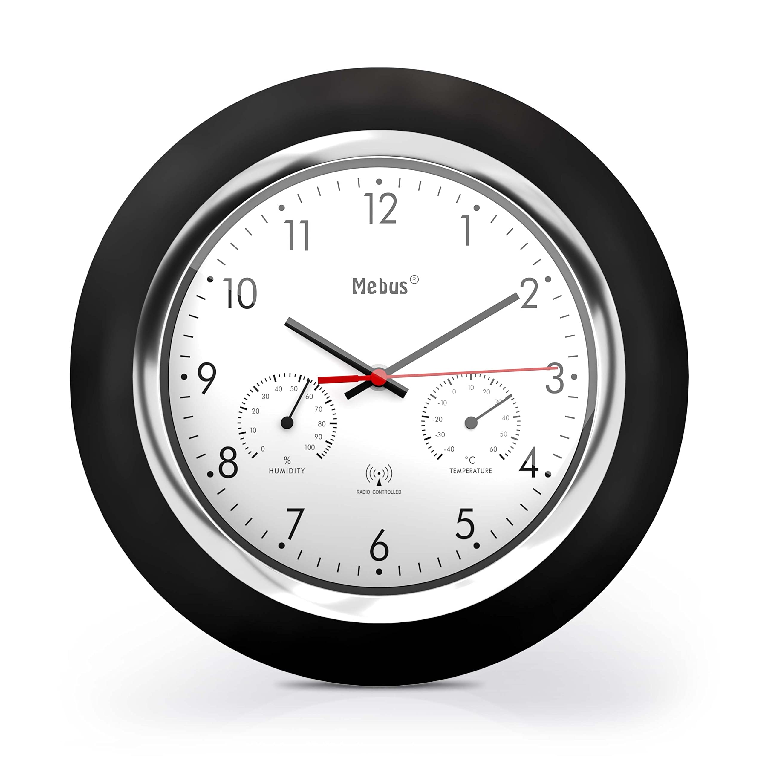 Mebus Radio-Controlled Wall Clock with Thermometer and Hygrometer/Black Frame/White Dial / 24 cm Diameter/Round/Model: 19453 / Colour: Black/White