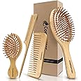 Combetter Bamboo Hairbrush and Comb Set - Eco-Friendly Natural Paddle Detangler Brush with Scalp Massage, Reducing Frizz&Promoting Healthy Hair Growth