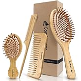 Combeter Bamboo Hair Brush and Comb Set (4PCS) – Natural & Eco-Friendly Detangler Comb for Women, Men & Kid, Reduces Frizz, Promotes Healthy Hair Growth – Wooden Paddle Brush with Scalp Massage