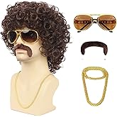 TUOFLY Mens 70s 80s Disco Brown Curly Wig 5pcs Set (Wig+ Glasses+ Necklace+ Mustache+ Cap) for Rocker Halloween Costume Cosplay