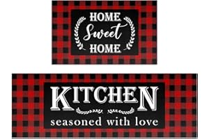 HOLVDENG Red Buffalo Plaid Kitchen Mat Set of 2 Non Slip Thick Kitchen Rugs and Mats for Floor Comfort Standing Mats for Kitchen, Sink, Office, Laundry, 17"x47"+17"x28"