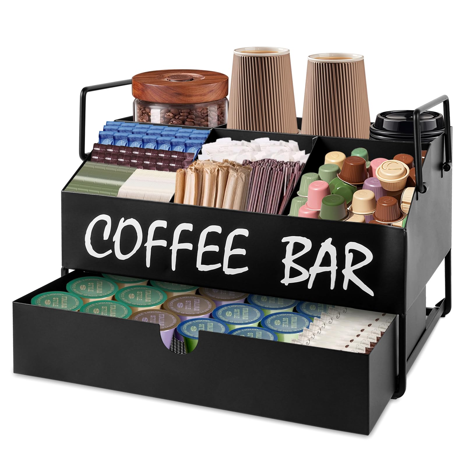 Photo 1 of Coffee Bar Accessories Organizer - Metal Countertop Coffee Station with Drawer, Pod Holder & Condiment Organizer (Black) ?