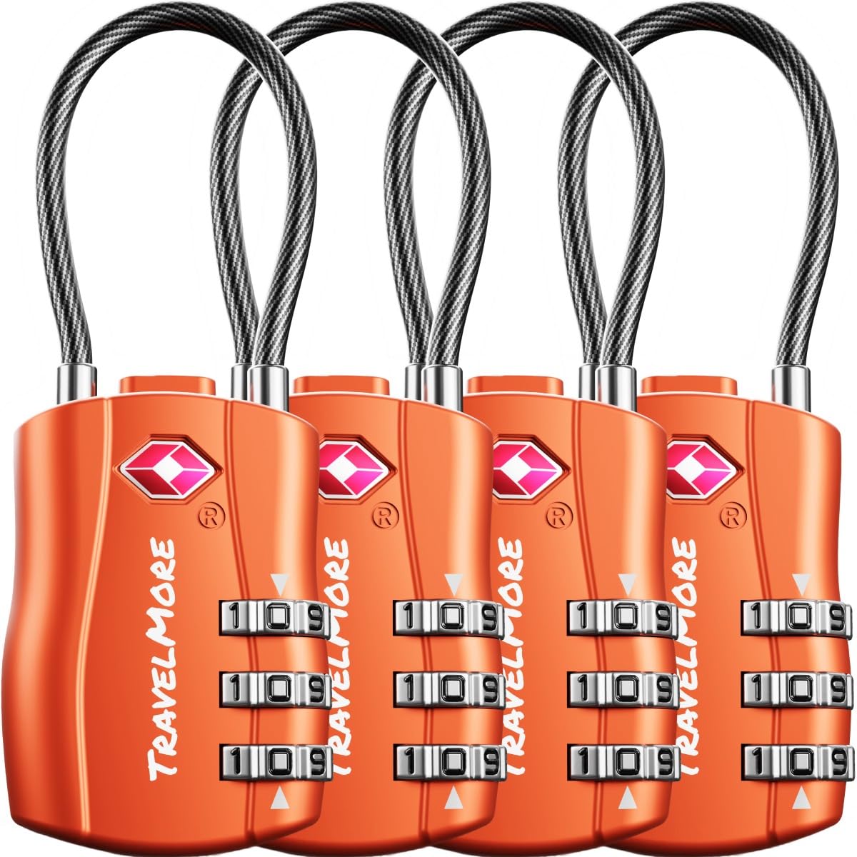 4-Pack TSA Approved Travel Combination Cable Luggage Locks for Suitcases & Backpacks | TSA Locks | Luggage Locks | Orange