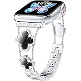 CTYBB Bling Diamond Band Compatible with Apple Watch Bands for Women 42mm 44mm 45mm 46mm Series 11 10 9 8 7 6 5 4 SE 3 2 1, Sparkle Metal Bracelet Wristband, Cute Lucky Clover Dressy iWatch Band,Silver/Black