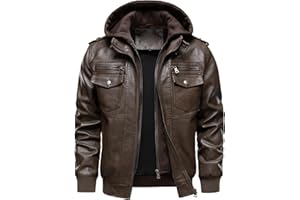 HOOD CREW Men's Vintage Hooded Faux Leather Motorcycle Windproof Biker Jackets Outwear With a Removable Hood