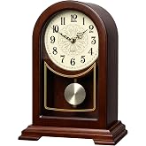 Tondiamo Brown Mantel Clock with Chime Pendulum Silent Quartz Table Desk | Wooden Hourly Chime, Round Pendulum for Fireplace Shelf Decor, Battery Operated for Living Room Office Desk, Silent Quartz