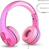 LilGadgets Connect+ Pro Wired Kids Headphones for School with Microphone, Volume Limiting Over-Ear Headset with Cord, SharePort Technology & SoftTouch Padding, Pink