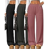Yearntown 3 Pack Women's Wide Leg Baggy Sweatpants Fleece Elastic Lounge Pants with Pockets Casual Loose Yoga Jogger Pants