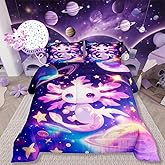 Erosebridal Axolotl Quilt Twin Size for Kids Boys Girls,Galaxy Planet Space Bedding Set Cartoon Animal Comforter Set Purple Dreamy Starry Bedding Comforter Sets