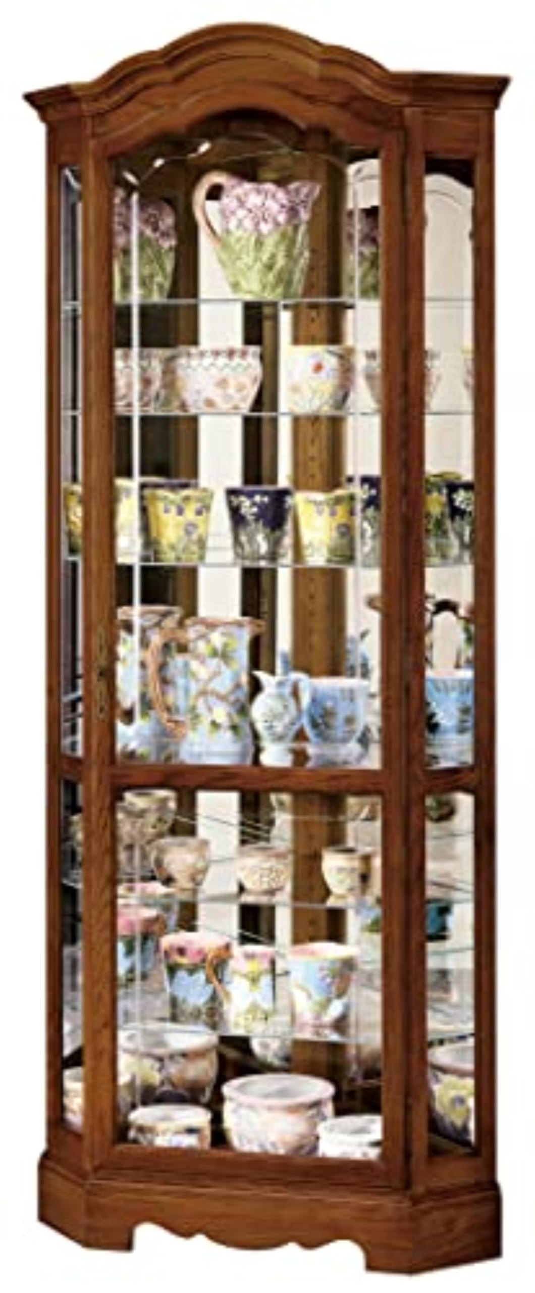 Photo 1 of **MISSING ONE BOTTOM GLASS ON SIDE DOOR/NO SHELVES/BASE HAS MINOR SEPERATION-SEE PICS***Howard Miller Jamestown II Corner Curio Cabinet 680-250 – Oak Yorkshire Finish Home Decor, Seven Glass Shelves, Eight Level Display Case, Locking Front Door & Halogen 