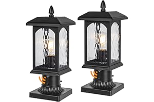 FILIYANO 2 Packs Dusk to Dawn Outdoor Post Light with Pier Mount Base - Hard Wired Pole Outdoor Lighting, Waterproof Black Pillar Lantern Outside with Tempered Rippled Glass for Pathway, Garden, Patio