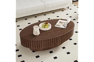 Oval Drum Coffee Tables Modern Fluted Wood Tea Table, Contemporary Center Table for Living Room (G Walnut 43.3in)
