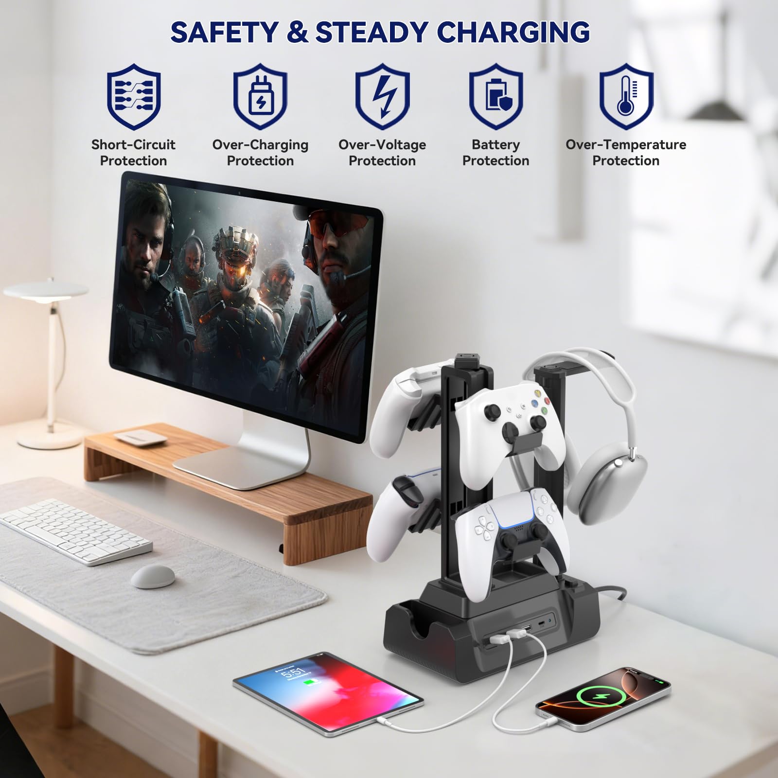 KDD Gaming Kopfhörer Ständer mit USB A Typ-C Ladegeräten, Headset Halterung Controller Halter mit Ladestation, Geräteschlitz für Handy Tablet, Kopfhörer für PC Gaming Zubehör 5