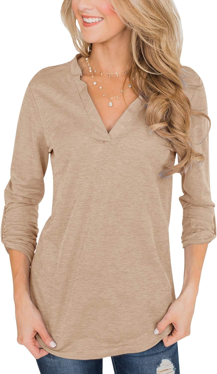 Topstype Womens 3/4 Roll Chiffon Sleeve Tops V Neck Tee Casual Daily Ritual Henley Shirts