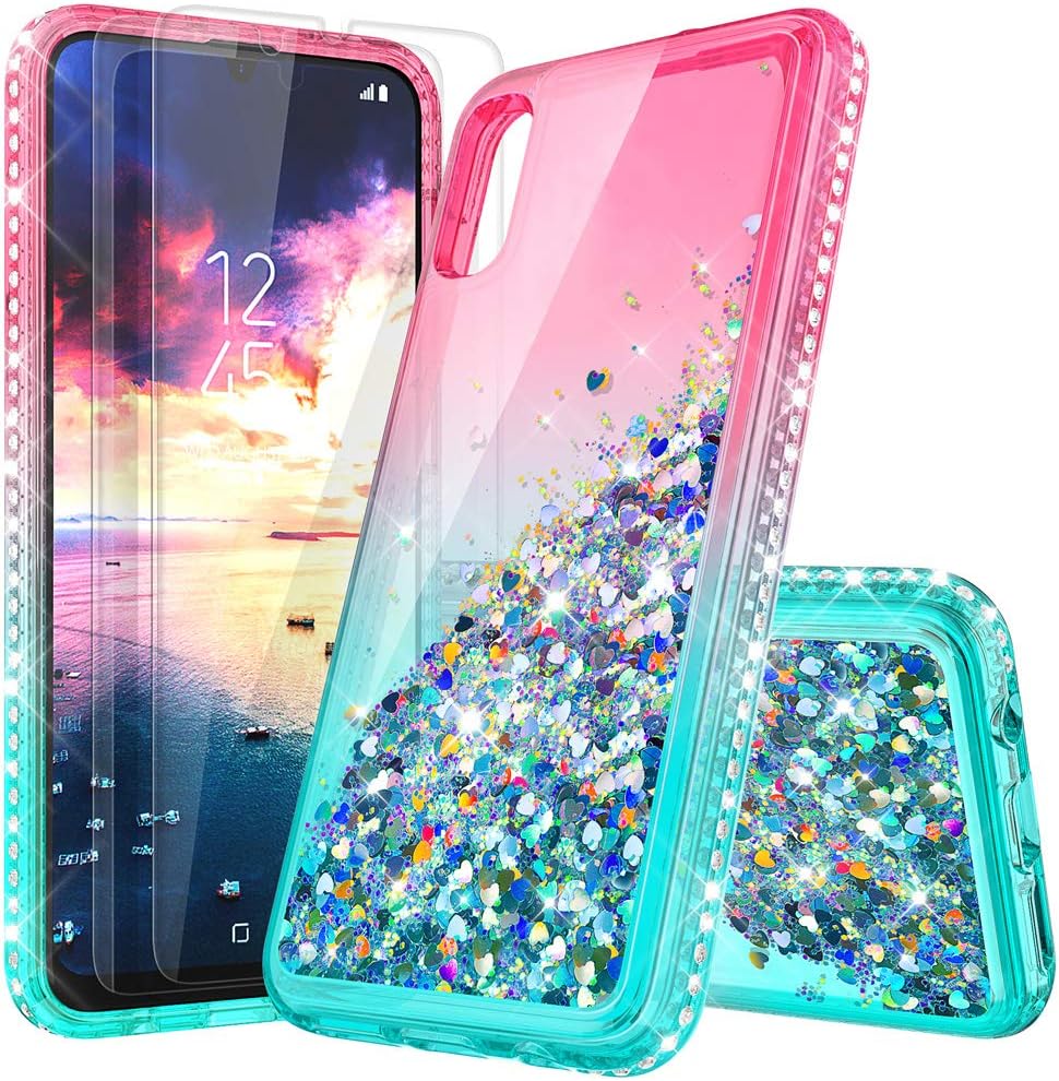 SUKCESO A70 Case with Screen Protector [2 Pack], A70s Case Anti Slip Full-Body Shockproof Protective, Girls and Women Glitter Bling Sparkle Moving Quicksand for Samsung A70 (Pink/Blue)