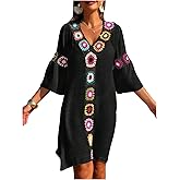 SweatyRocks Women's Floral Crochet Coverups Dress 3/4 Sleeve V Neck Sheer Beach Cover Up Dress