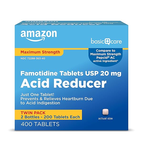 AMAZON BASIC CARE MAXIMUM STRENGTH FAMOTIDINE TABLETS, 20 MG, ACID REDUCER FOR HEARTBURN RELIEF, PREVENTS & RELIEVES HEARTBURN, 400 COUNT PACK
