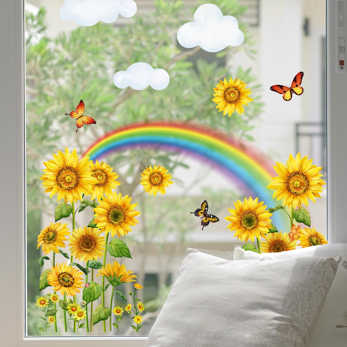 Runtoo Sunflower Window Clings Rainbow Flower Window Decals Summer Floral Wall Stickers for Kids Room Nursery Baby Shower Glass Decor
