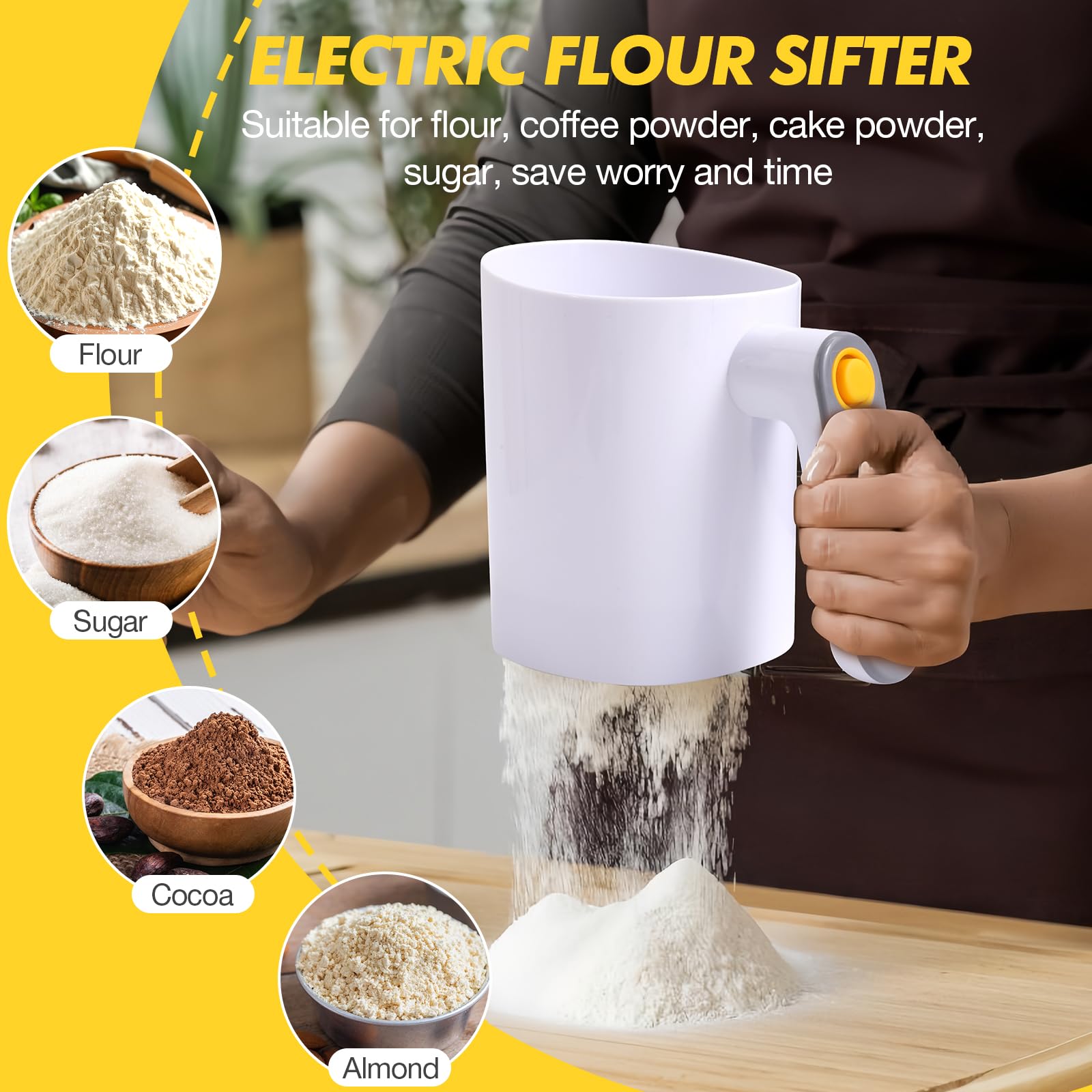 Electric Flour Sifter, Battery Operated Flour Sifter for Baking with Dough Scraper, Ergonomical Handle Flour Sieve for Cooking, Pastry Baking, Easy to Clean