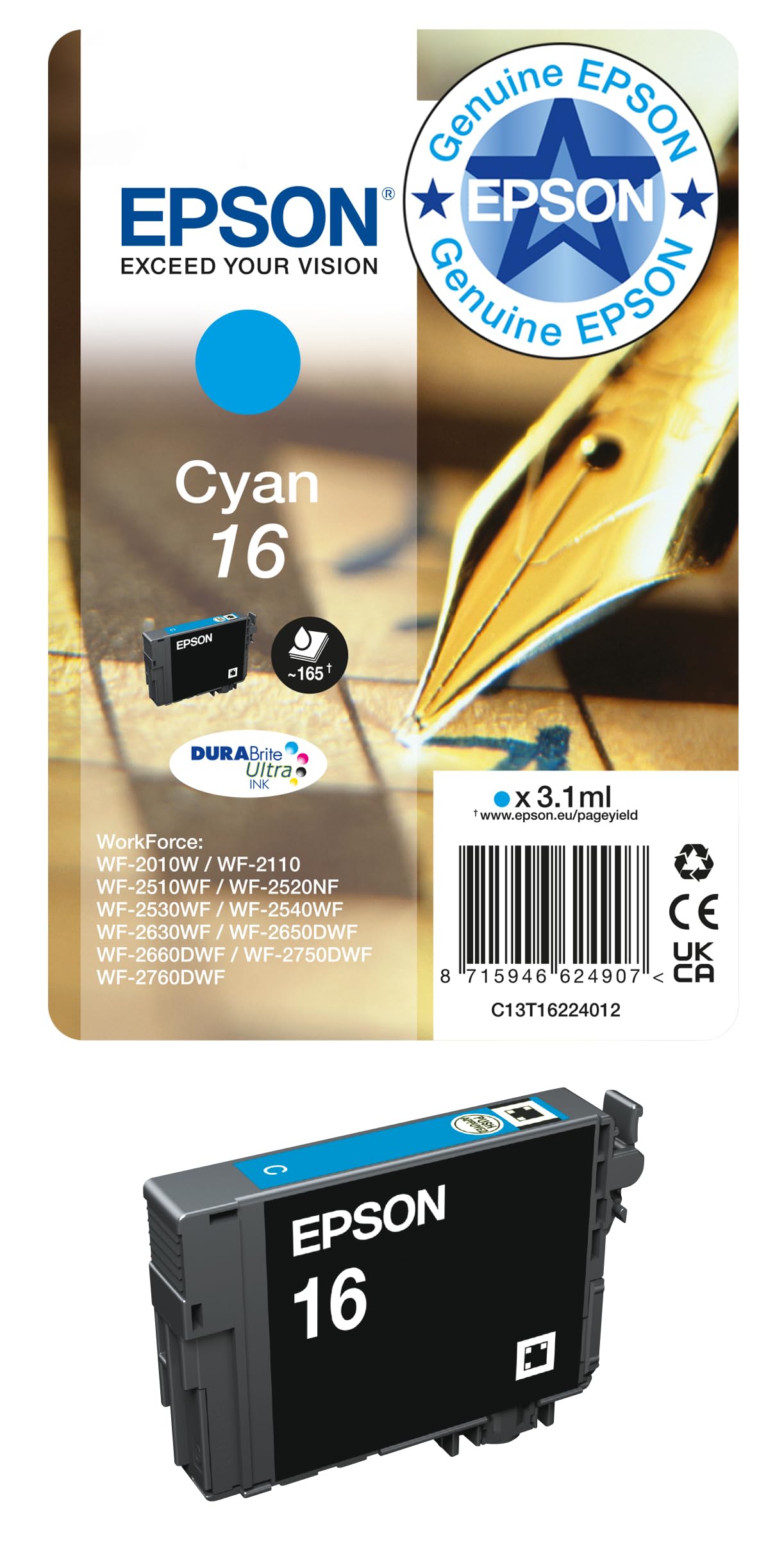 Epson 16 Cyan Pen & Crossword, Genuine, DURABrite Ultra Ink — image 1