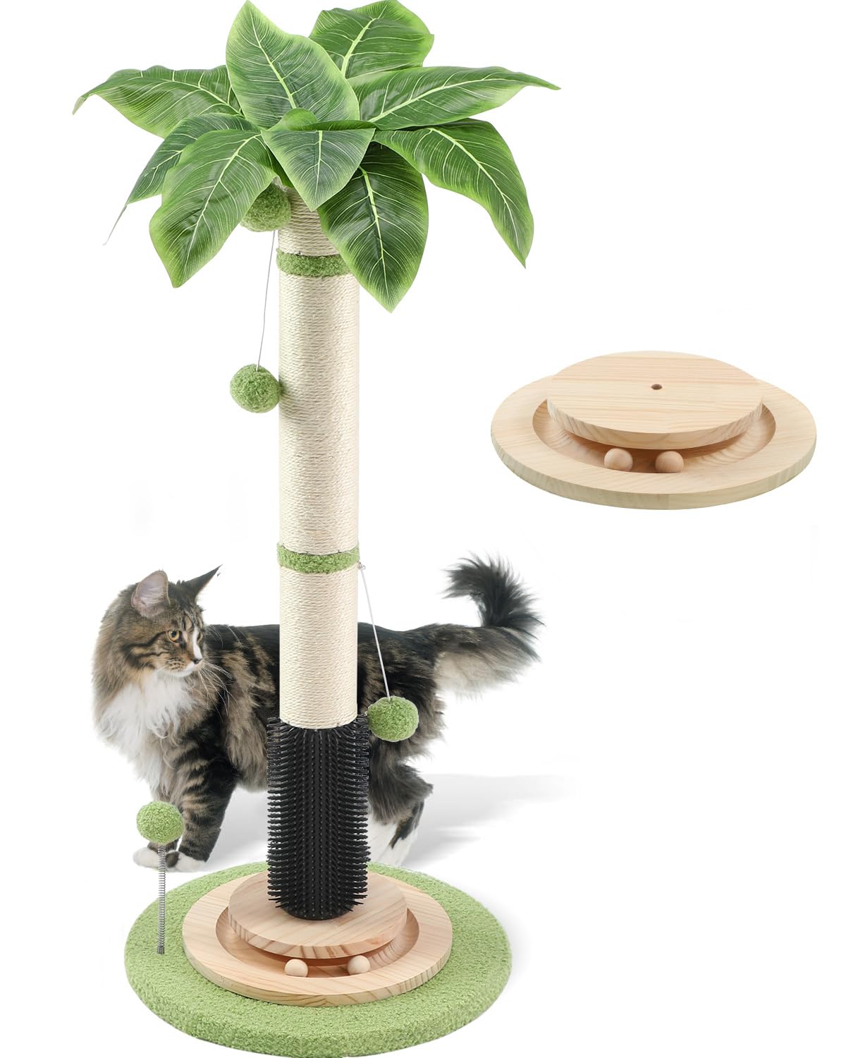 Photo 1 of 39.4'' Tall Cat Scratching Post,3.5 Inch Wide Sisal Rope Scratching Post for Indoor Adults Kittens,Cat Scratcher with Stable Solid Wood Base Interactive Ball Toys Self Groomer Brush for Large Cats