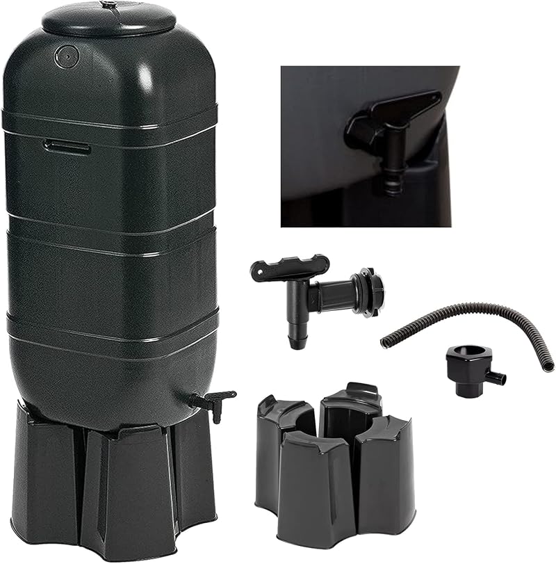 Star Supplies Black Outdoor Slim Line 100 Litre Water Butt Kit with Stand