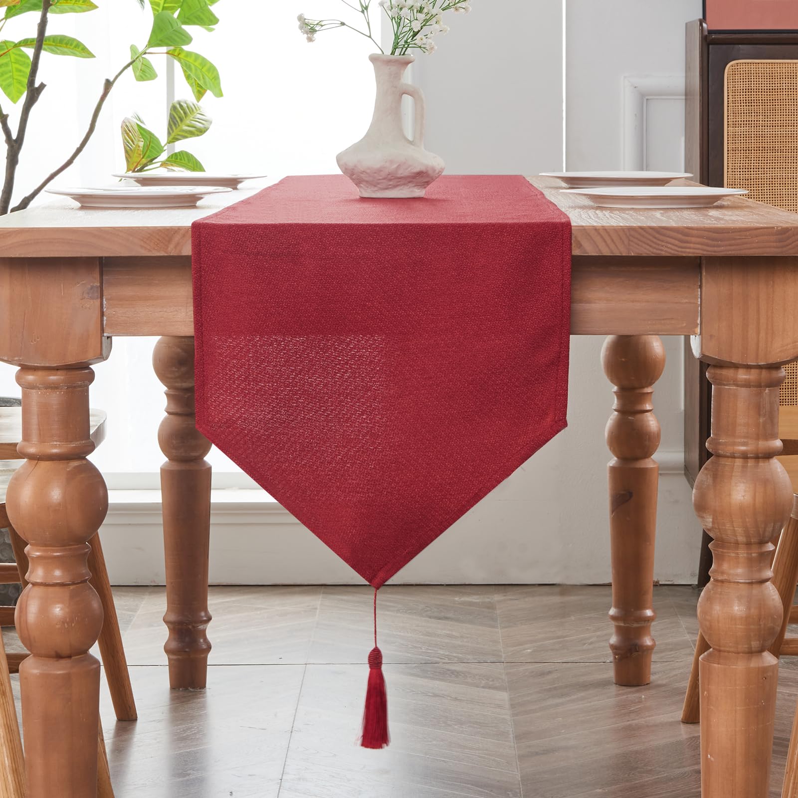 BALCONY & FALCON Jacquard Linen Table Runner Tassel Table Runners Dresser Scarf for Christmas Halloween Thanksgiving Easter Party