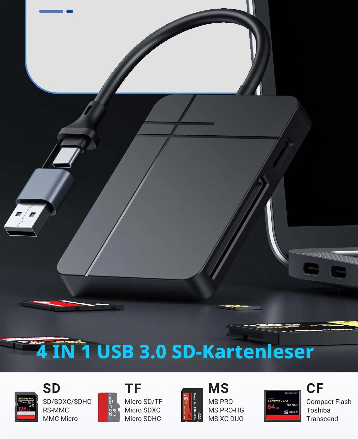 4.0 SD Card Reader, 5Gbps USB 3.0 USB C to SD TF MS CF Memory Card Adapter 4 in 1, UHS-II High Speed 4 Slots Micro SD SDHC SDXC MMC for iPhone MacBook Laptop PC Android Windows macOS Linux Chrome 4